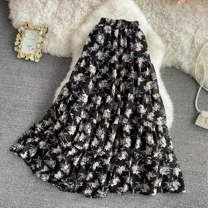 Geblümter Chiffonrock mit elastischer Taille, süßer langer All-Match-Rock, langer A-Linien-Rock mit hoher Taille und großem Schwung 3562