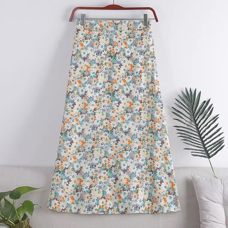 Neuer Stil, A-Linien-Rock mit kleinem Daisy-Chiffon-Print, voller Rock mit hoher Taille, mittellanger Rock 3560