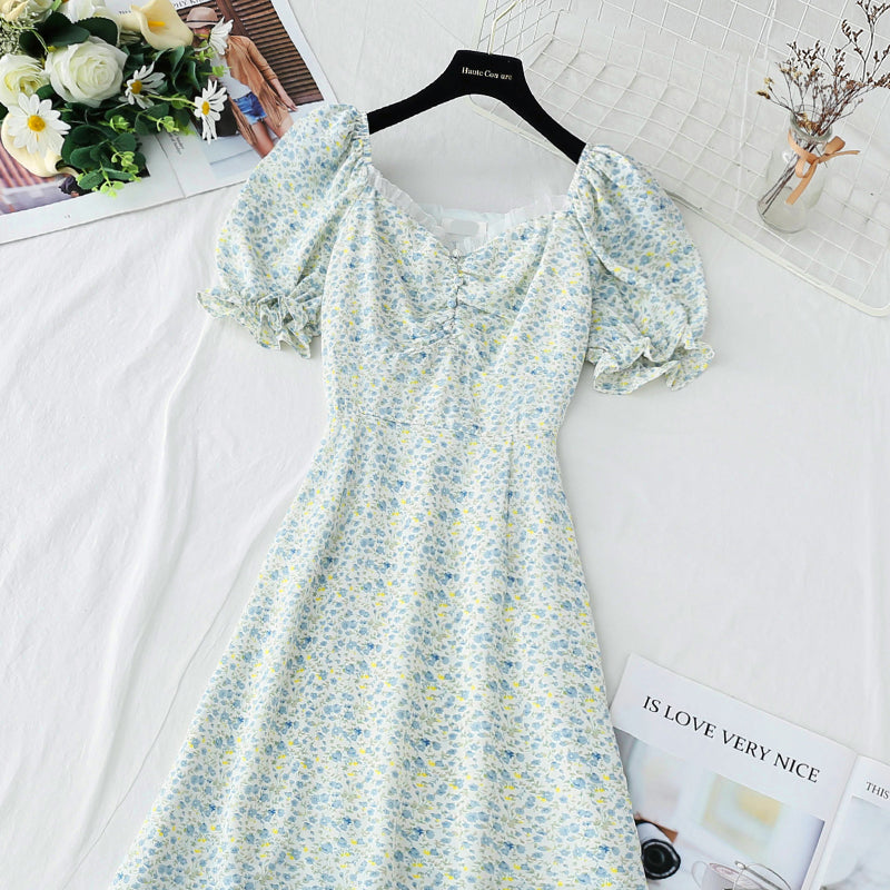 Line shoulder square neck bubble sleeve waist narrow skirt  3738