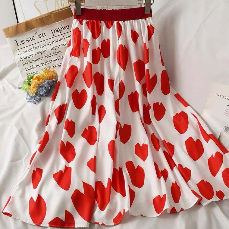 Jupe mi-longue à imprimé coeur, vent doux, jupe trapèze fine taille haute 3595