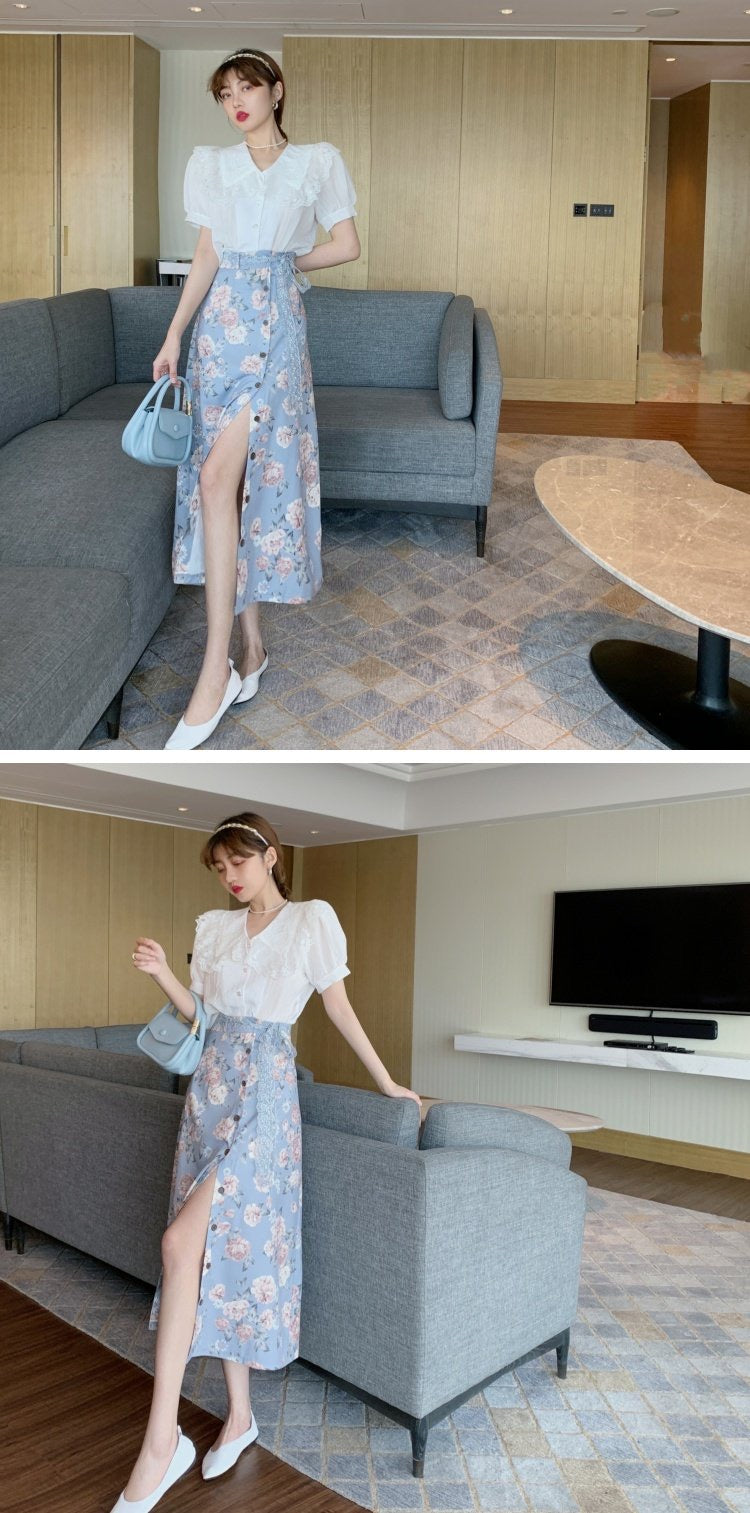 New style, temperament, midi split skirt, long floral A-line skirt  3552
