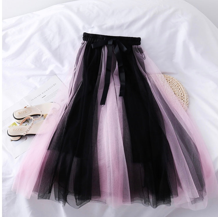 Super fairy, bow tie, high waist slim mesh bouffant skirt, color matching medium length skirt  3601