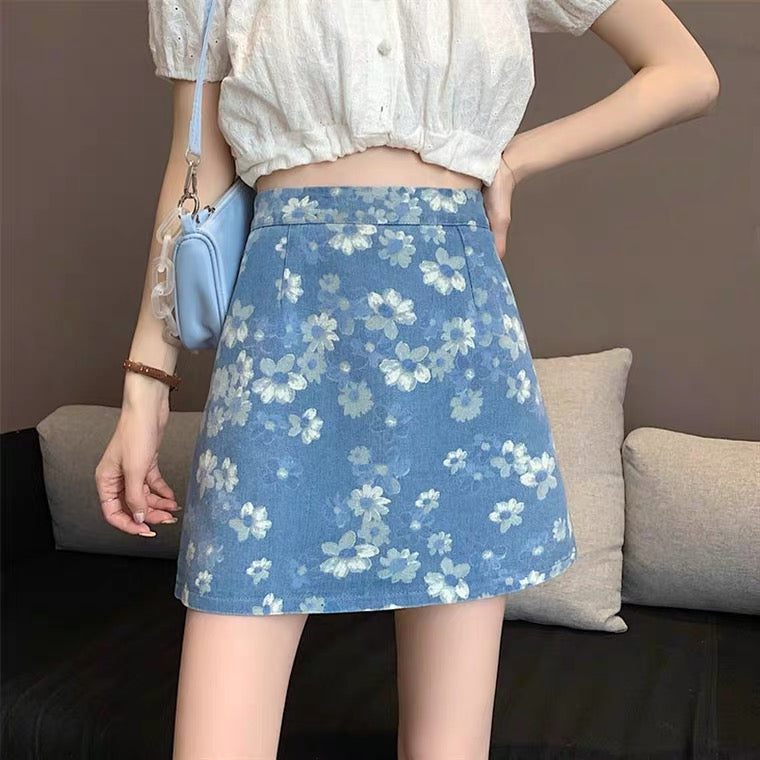 Flower denim skirt, new style, high waist bodycon skirt, A-line skirt  3556