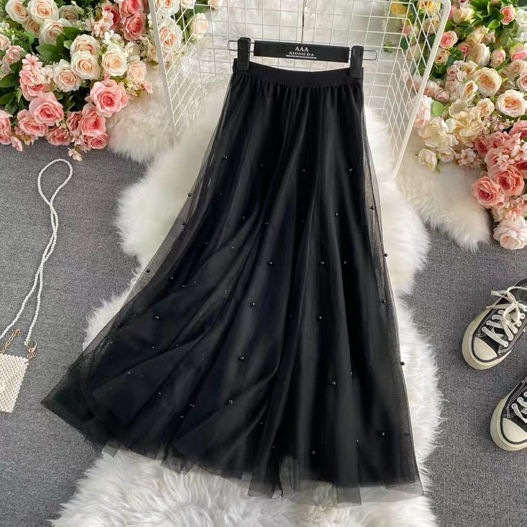 Nailbead tulle skirt, autumn and winter, new style, high waist, medium length, versatile, A-line super fairy skirt  3526