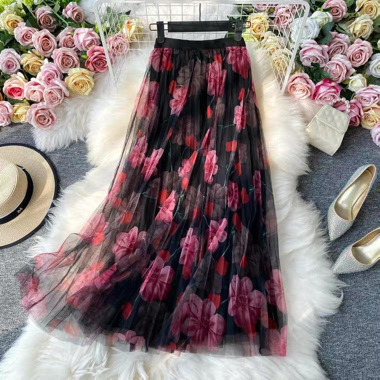 Rock mit Modedruck, Gazerock mit elastischer Taille, neuer Stil, Faltenrock mit hoher Taille, Rock in A-Linie, mittellanger Rock 3523