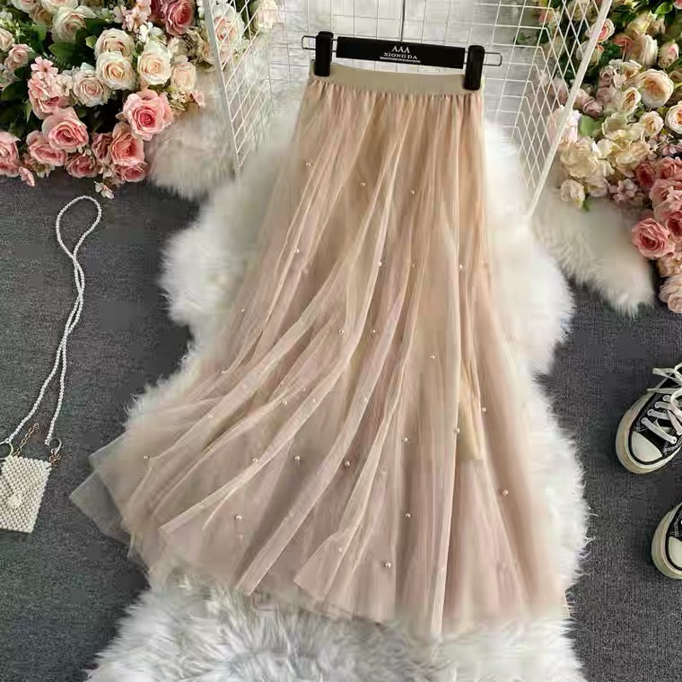 Nailbead tulle skirt, autumn and winter, new style, high waist, medium length, versatile, A-line super fairy skirt  3526