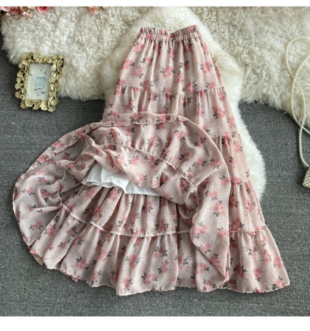 Geblümter Chiffonrock mit elastischer Taille, süßer langer All-Match-Rock, langer A-Linien-Rock mit hoher Taille und großem Schwung 3562