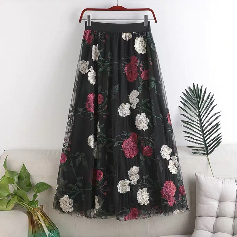Gestickte große Blumen, stylischer, süßer Mesh-Midi-Feenrock 3632