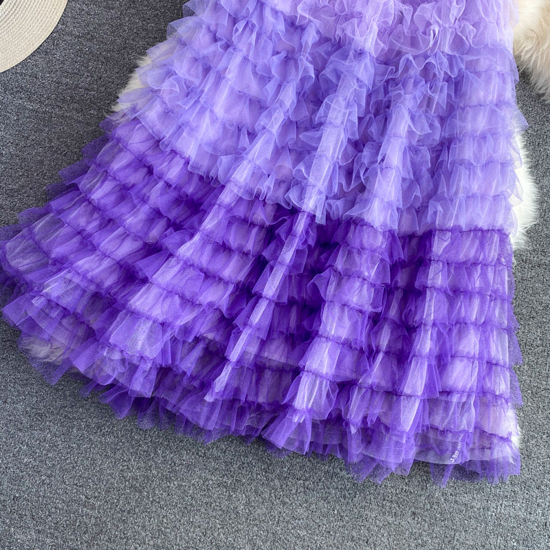 Fairy skirt pleated mesh skirt, versatile, long midi skirt, elastic waist, layer cake skirt, elegant skirt  3530