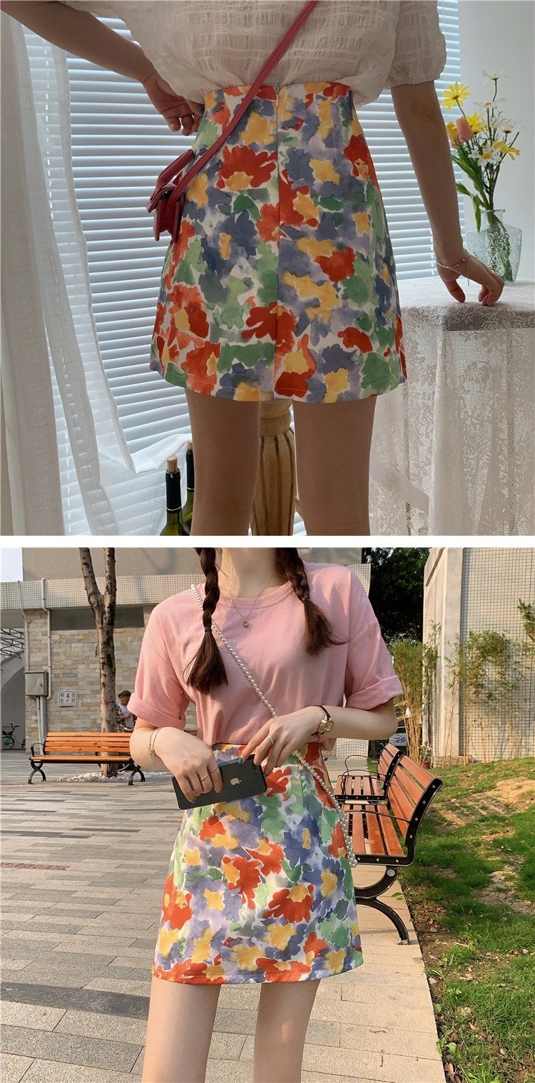 Personality ink bodyocn skirt, temperament, gentle high waist skirt, versatile A-line skirt  3557