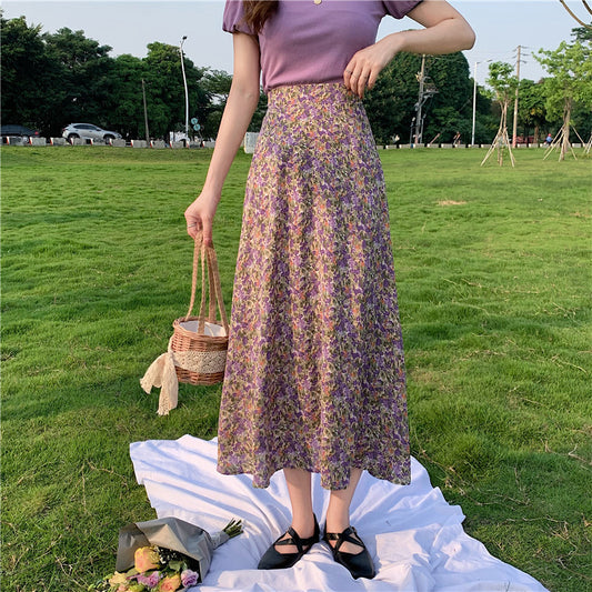 Midi floral skirt, new style, high waist, drawstring fishtail A-line skirt  3652