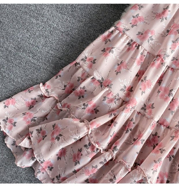 Geblümter Chiffonrock mit elastischer Taille, süßer langer All-Match-Rock, langer A-Linien-Rock mit hoher Taille und großem Schwung 3562
