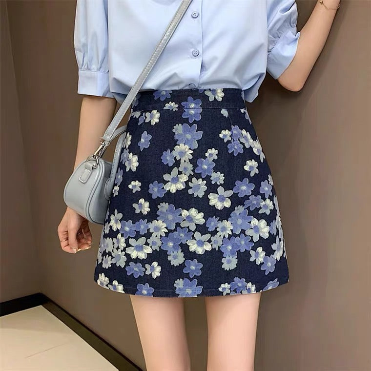 Flower denim skirt, new style, high waist bodycon skirt, A-line skirt  3556