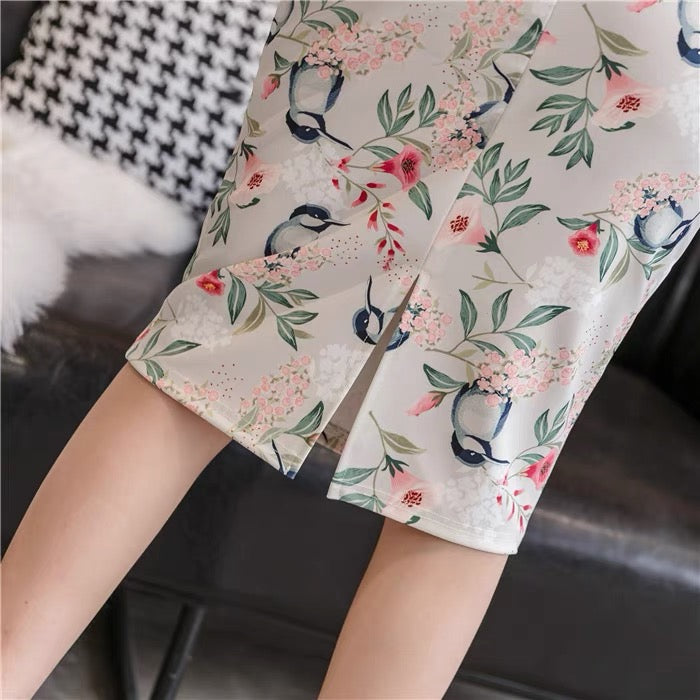 Frühling und Sommer, neuer Stil, Rock mit hoher Taille, geschlitzter Midirock, elegant bedruckter, figurbetonter Rock 3537