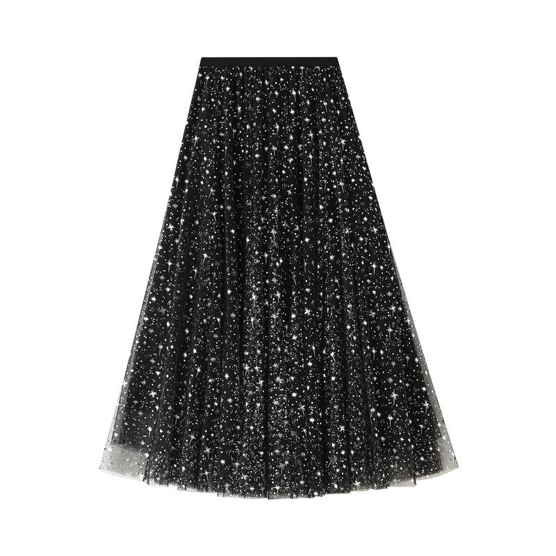 New style, starry sky skirt, fairy A line bouffant long skirt, sequined star tulle skirt  3590