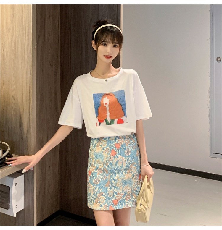 Oil painting broken flower skirt, summer, thin bodycon skirt,high waist midi skirt  3555