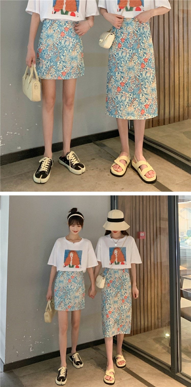 Oil painting broken flower skirt, summer, thin bodycon skirt,high waist midi skirt  3555