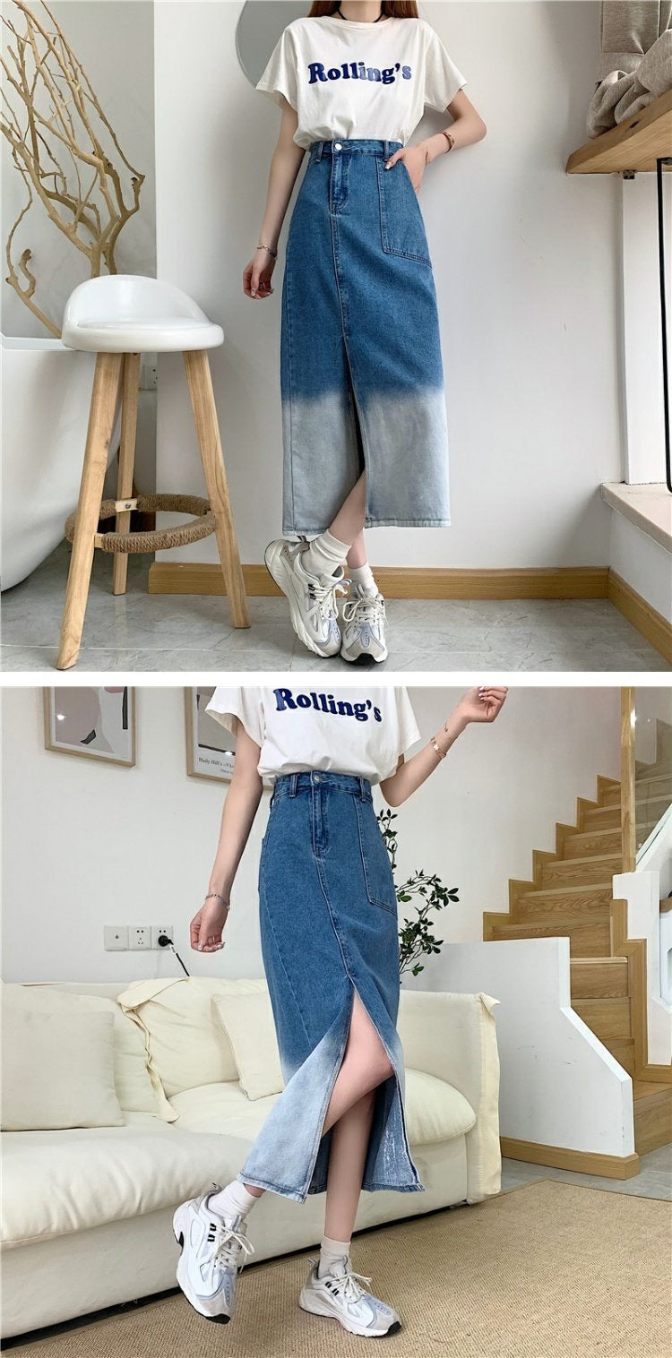 Irregular gradient denim skirt, high waist slit medium long skirt  3549