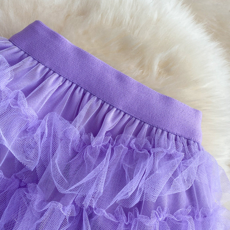 Fairy skirt pleated mesh skirt, versatile, long midi skirt, elastic waist, layer cake skirt, elegant skirt  3530