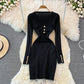 Langärmliges, sexy, personalisiertes, gestricktes Kleid mit eckigem Ausschnitt und Hüftboden 3781