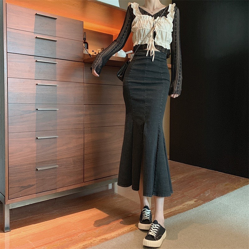 Modischer Meerjungfrauenrock, neuer Stil, hohe Taille, Midi-Hüftrock, Vintage-Jeansrock 3570