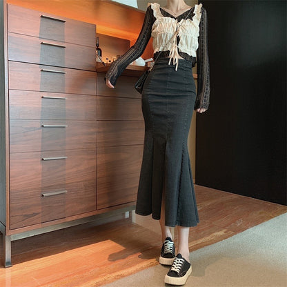 Modischer Meerjungfrauenrock, neuer Stil, hohe Taille, Midi-Hüftrock, Vintage-Jeansrock 3570