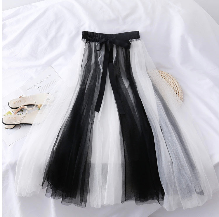 Super fairy, bow tie, high waist slim mesh bouffant skirt, color matching medium length skirt  3601