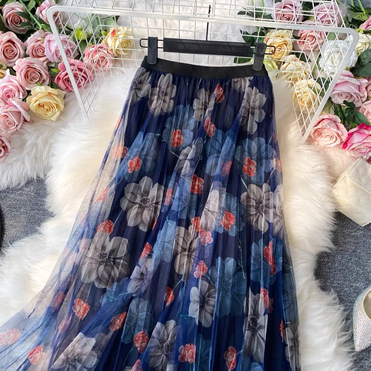 Rock mit Modedruck, Gazerock mit elastischer Taille, neuer Stil, Faltenrock mit hoher Taille, Rock in A-Linie, mittellanger Rock 3523