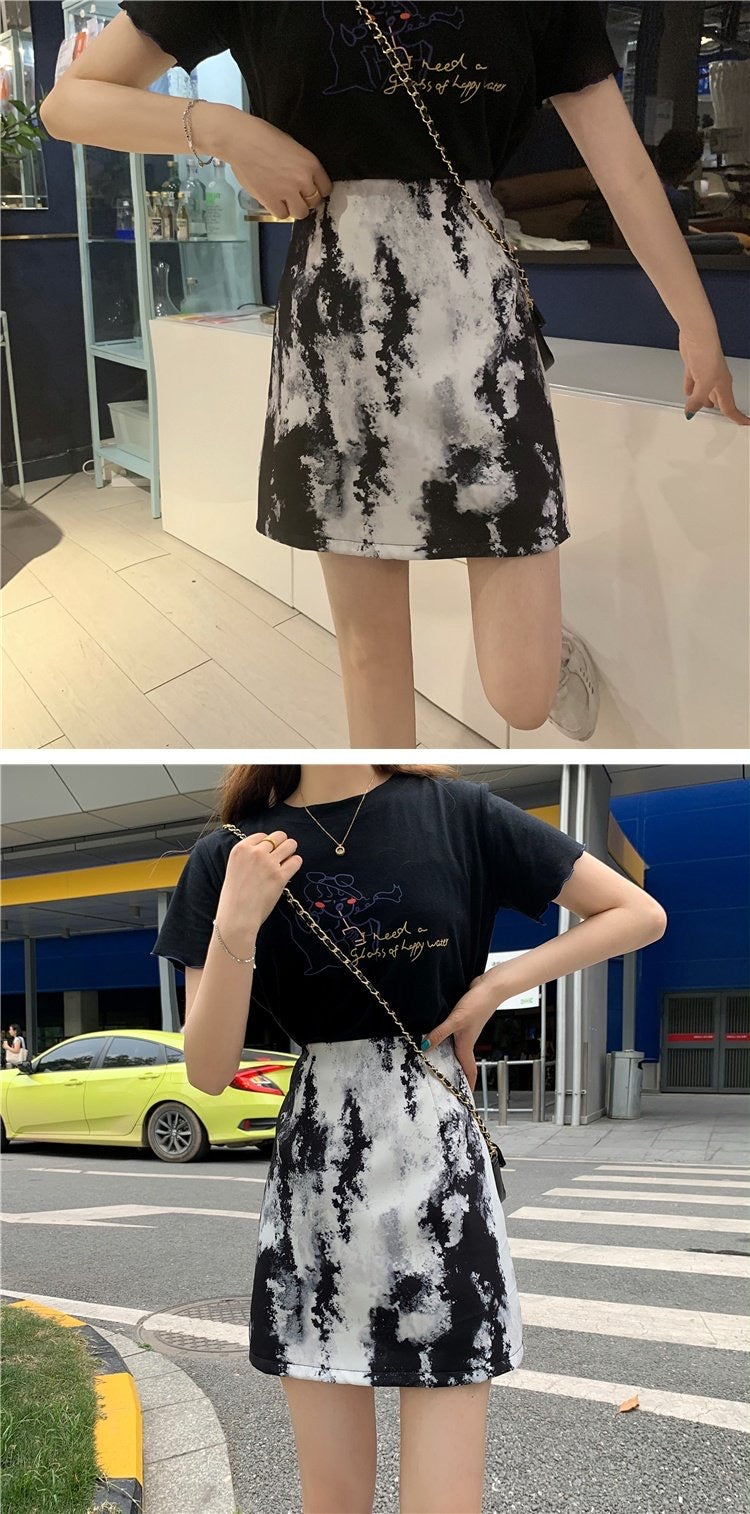 Personality ink bodyocn skirt, temperament, gentle high waist skirt, versatile A-line skirt  3557