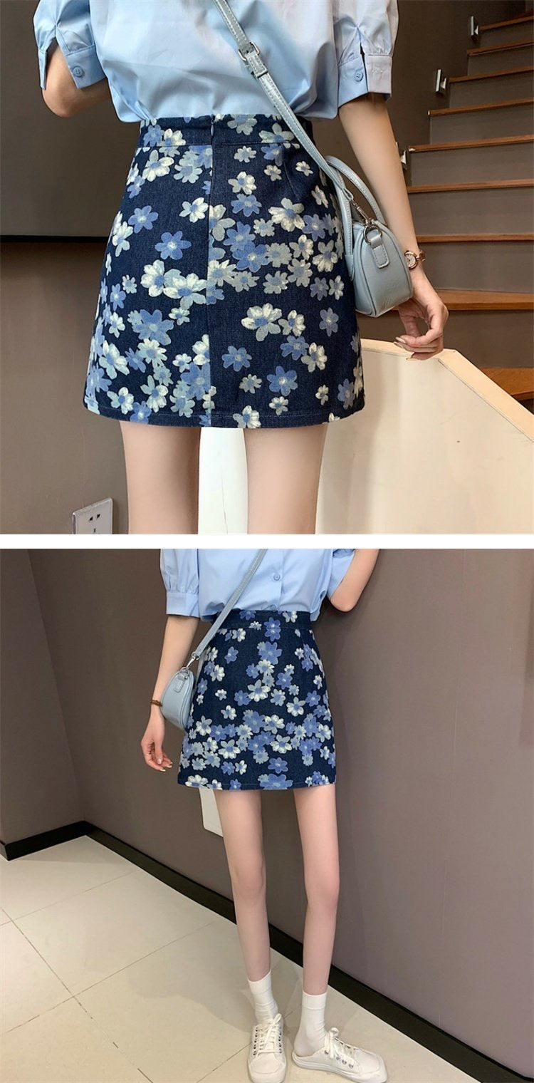 Flower denim skirt, new style, high waist bodycon skirt, A-line skirt  3556