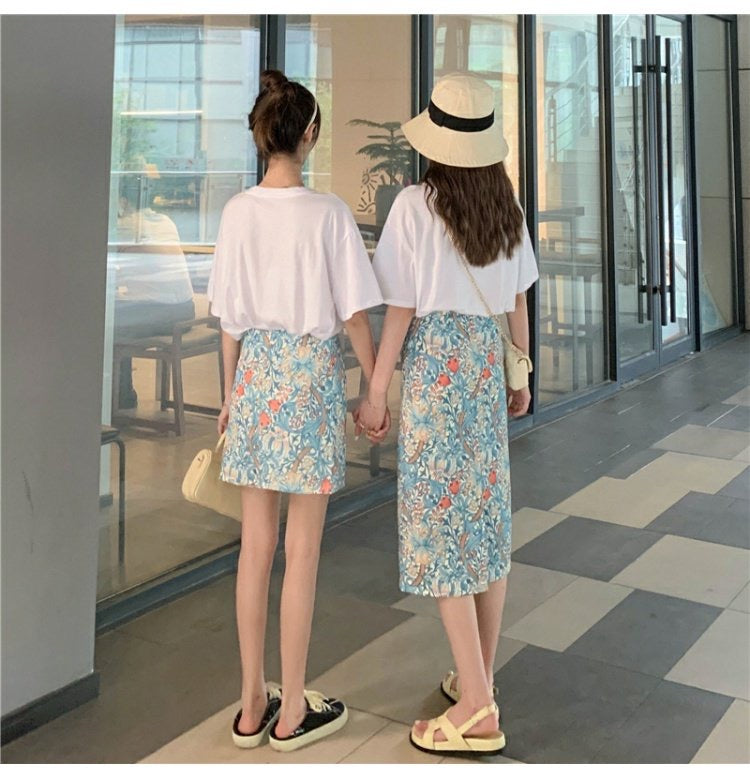 Oil painting broken flower skirt, summer, thin bodycon skirt,high waist midi skirt  3555
