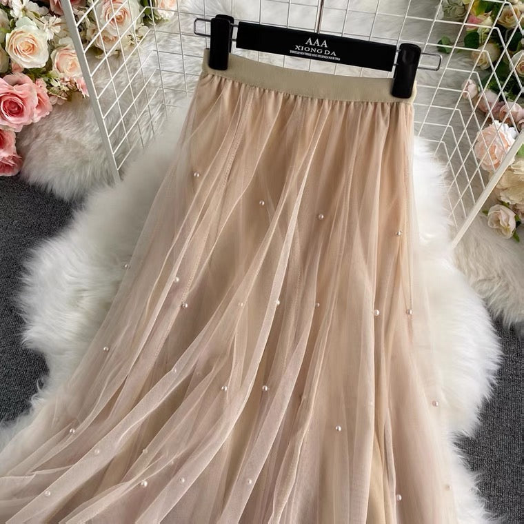 Nailbead tulle skirt, autumn and winter, new style, high waist, medium length, versatile, A-line super fairy skirt  3526