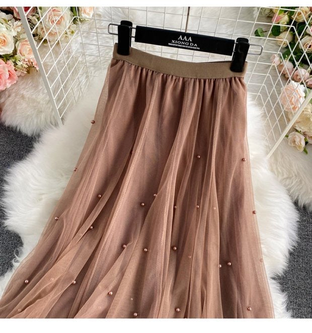 Nailbead tulle skirt, autumn and winter, new style, high waist, medium length, versatile, A-line super fairy skirt  3526