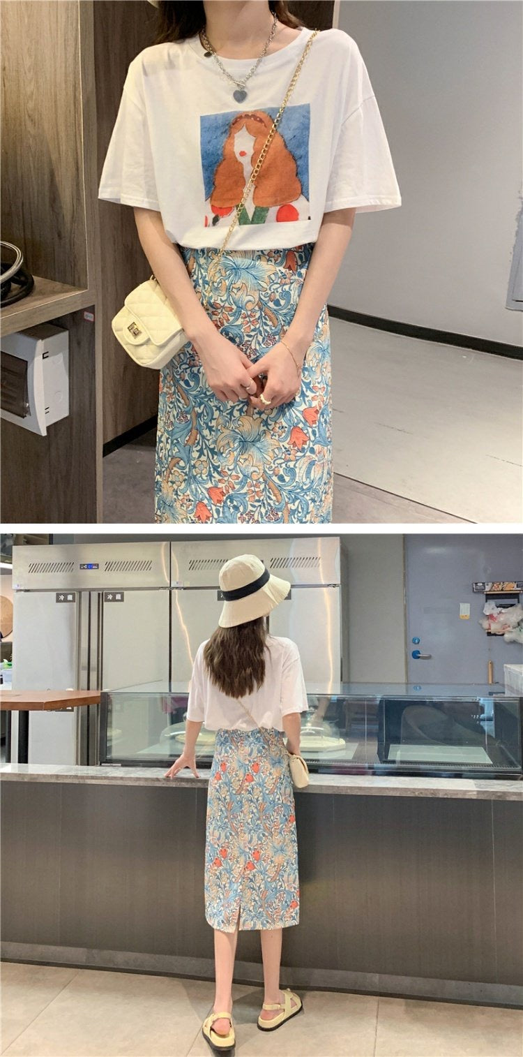 Oil painting broken flower skirt, summer, thin bodycon skirt,high waist midi skirt  3555