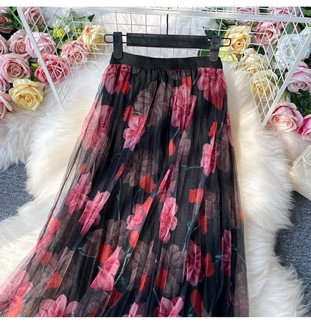 Rock mit Modedruck, Gazerock mit elastischer Taille, neuer Stil, Faltenrock mit hoher Taille, Rock in A-Linie, mittellanger Rock 3523