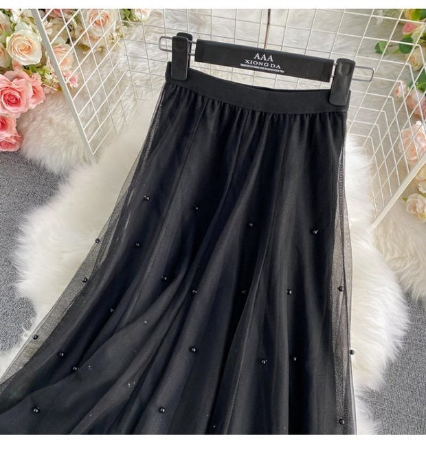 Nailbead tulle skirt, autumn and winter, new style, high waist, medium length, versatile, A-line super fairy skirt  3526