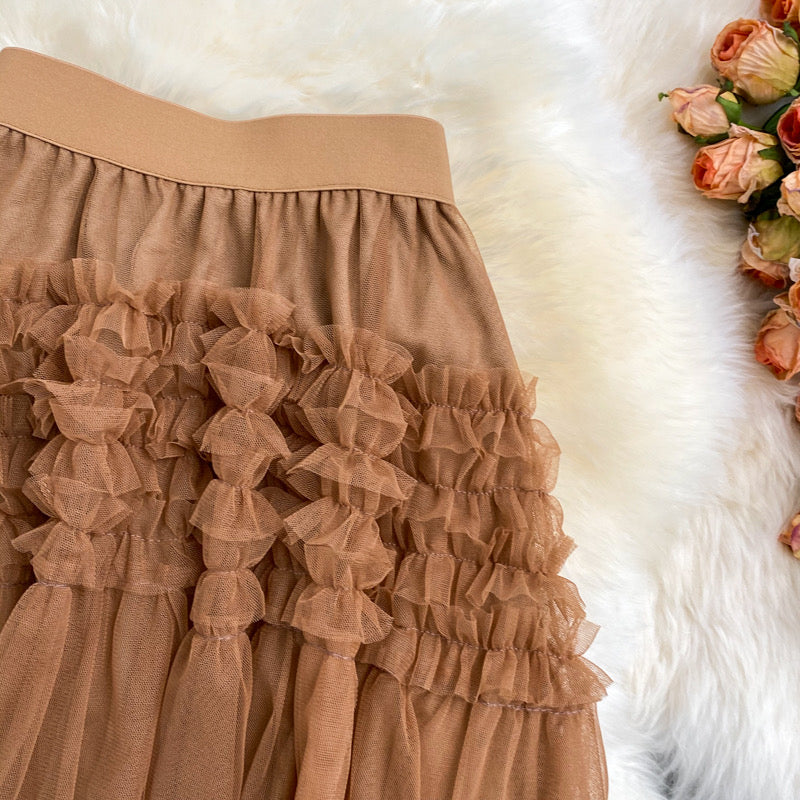New style, high waist, solid color, irregular hem, mesh splice pompous skirt, A-line full skirt  3527