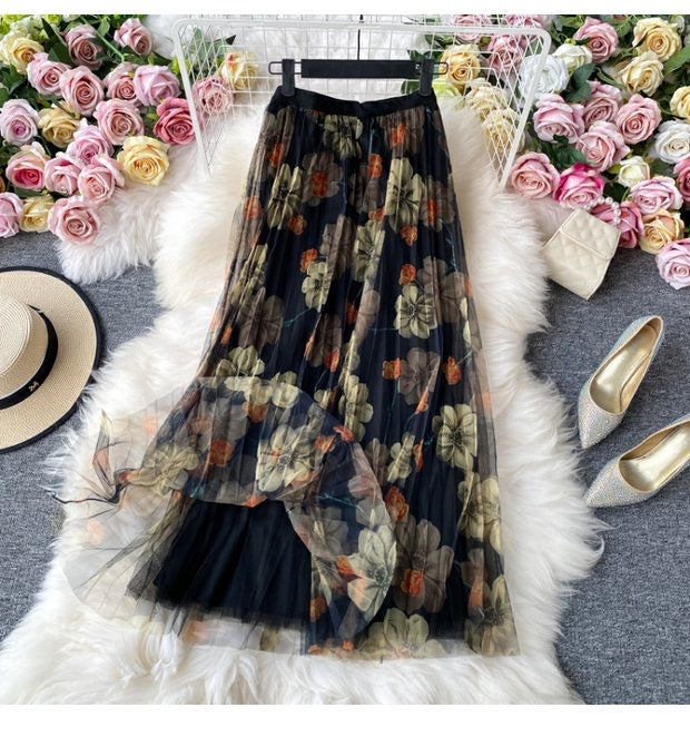 Rock mit Modedruck, Gazerock mit elastischer Taille, neuer Stil, Faltenrock mit hoher Taille, Rock in A-Linie, mittellanger Rock 3523