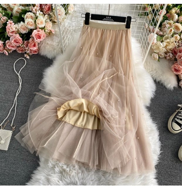 Nailbead tulle skirt, autumn and winter, new style, high waist, medium length, versatile, A-line super fairy skirt  3526