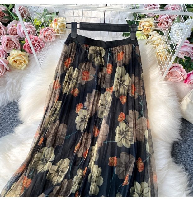 Rock mit Modedruck, Gazerock mit elastischer Taille, neuer Stil, Faltenrock mit hoher Taille, Rock in A-Linie, mittellanger Rock 3523
