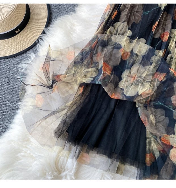 Rock mit Modedruck, Gazerock mit elastischer Taille, neuer Stil, Faltenrock mit hoher Taille, Rock in A-Linie, mittellanger Rock 3523