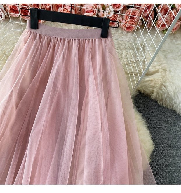Unregelmäßiger Netzrock mit elastischer Taille, mittellanger Rock in A-Linie mit hoher Taille, Feenrock, zotteliger Rock 3525