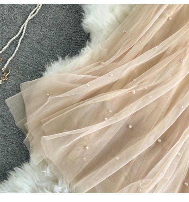 Nailbead tulle skirt, autumn and winter, new style, high waist, medium length, versatile, A-line super fairy skirt  3526