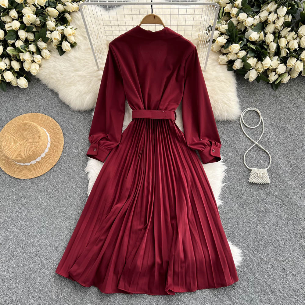 Einfaches Langarmkleid mit V-Ausschnitt A-Linie Modekleid 10946