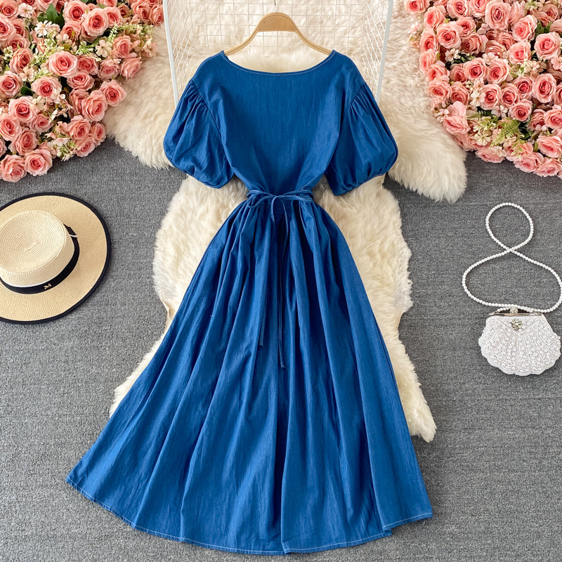 Robe en jean simple à décolleté en V Robe trapèze tendance 10836