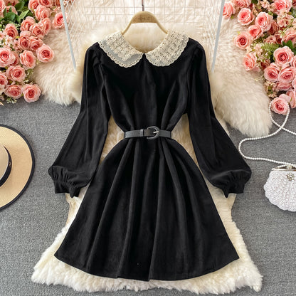 Süßes langärmliges Spitzenkleid A-Linie Modekleid 10841