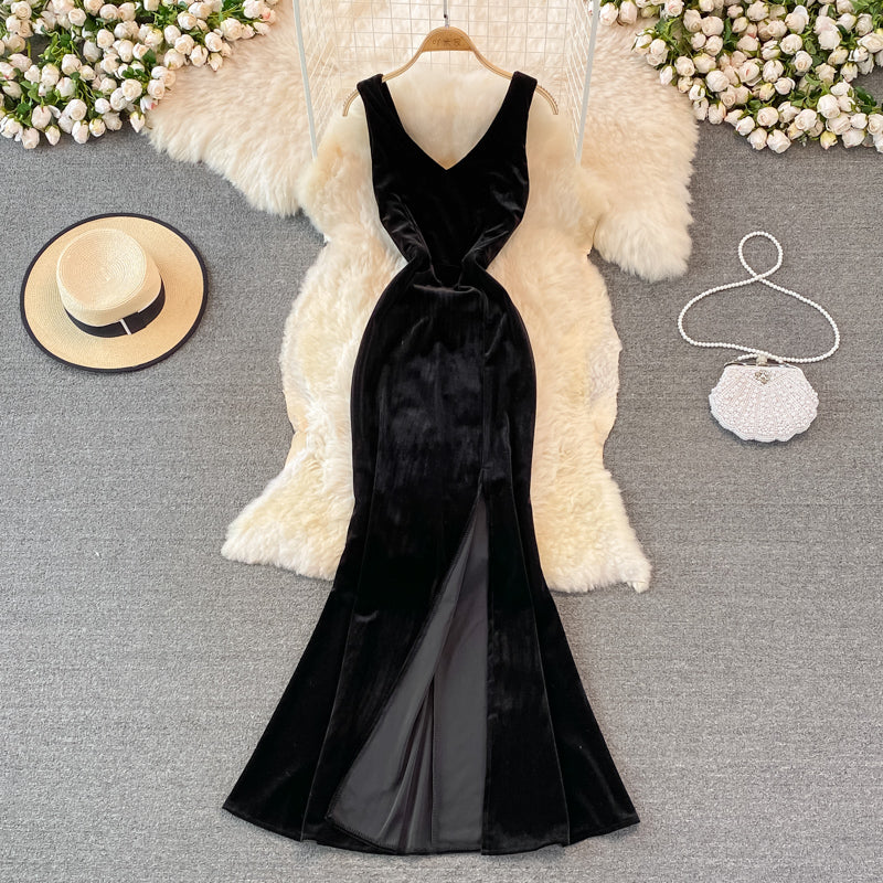 Sexy V-Ausschnitt Samt Langes Kleid Modekleid 10782 