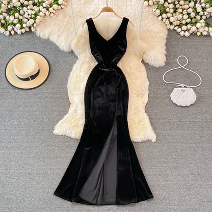 Sexy V-Ausschnitt Samt Langes Kleid Modekleid 10782 